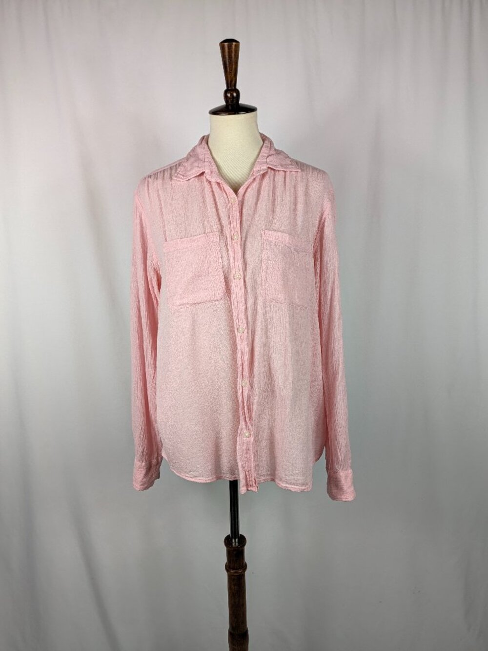 Chaps Pink Gauze Long Sleeve Button Up Shirt Pocket Crinkle Coastal Boho Sz XL